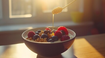 Wall Mural - Honey Drizzling Over Yogurt Bowl with Blueberries and Raspberries