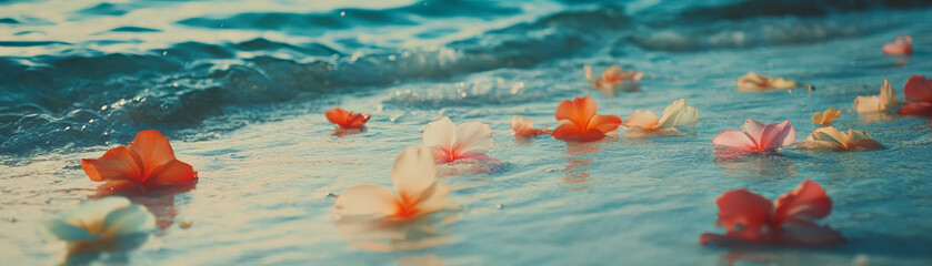 Aufkleber - Colorful tropical flowers scattered on white sand by the tranquil water