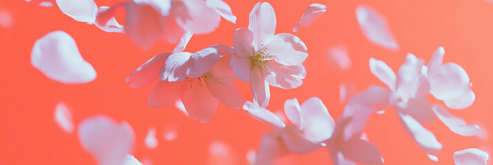 Poster - Scattering sakura petals dance gently on a bright peach background in springtime beauty