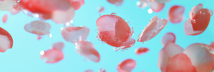Poster - Scattering sakura petals create a soft dreamy effect on a bright blue background