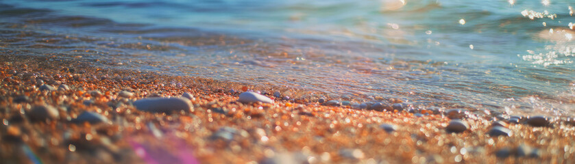 Poster - Scattered pebbles on sandy beach near the water's edge under bright sunlight