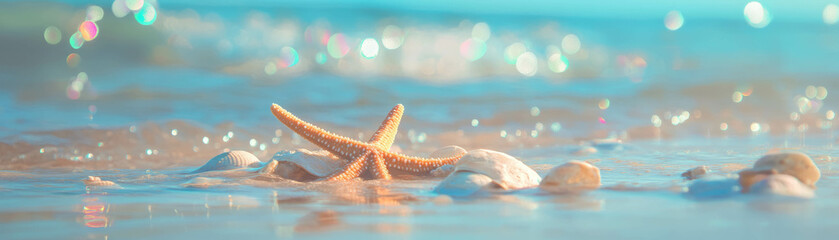 Aufkleber - Starfish and sand dollars scattered on wet sand with bright blue background at the beach