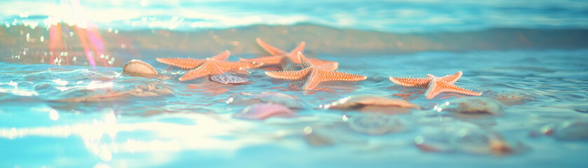 Aufkleber - Scattering of starfish and sand dollars on wet sand creating a vibrant coastal display