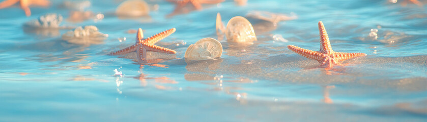 Poster - Scattered starfish and sand dollars decorate the wet sand along a tranquil shore