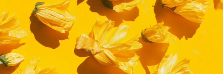 Poster - Bright yellow background featuring scattered sunflower petals in various sizes and orientations