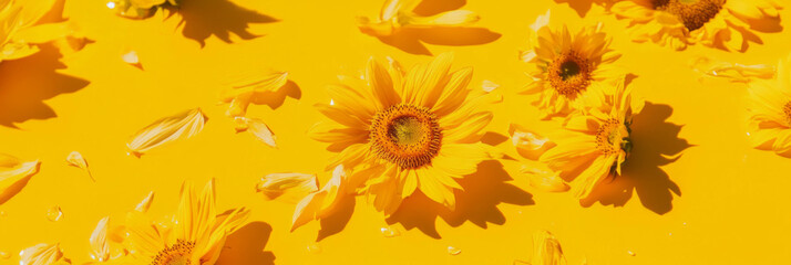 Poster - Scattered sunflower petals create a vibrant display on a bright yellow background