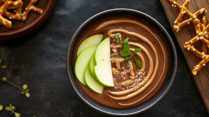 Wall Mural - Chocolate Dessert Bowl with Green Apple Slices and Pretzels topping