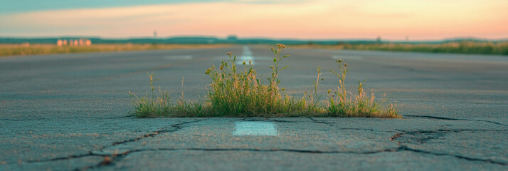 Poster - Runway section with grass growing through cracks under soft morning light