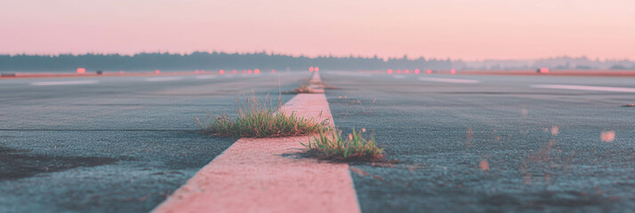 Fototapete - Grass growing through cracks on a runway under soft morning light