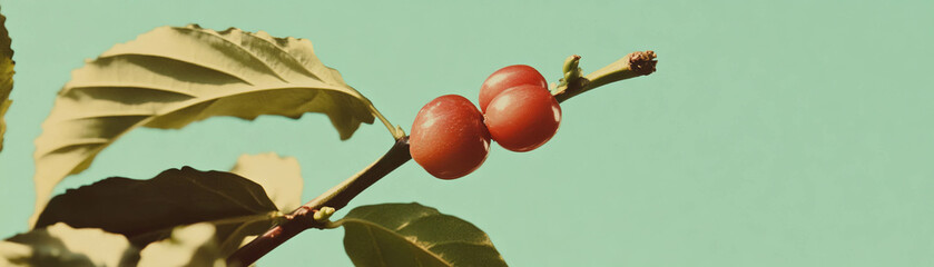 Poster - Single bright coffee cherry with leaves against a vibrant background for creative designs
