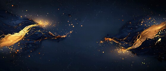 Poster - Dynamic gold and blue abstract art digital creation modern design studio environment aerial view creative expression