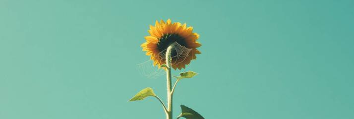Poster - Bright sunflower against a blue sky with delicate spider web details emerging from the petals