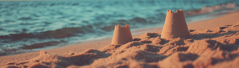 Poster - Small sandcastle built on a sunny beach near the water's edge with a bright background