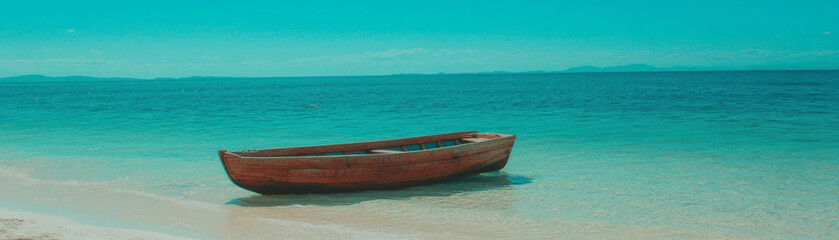 Poster - Wooden boat resting on white sand beach with clear blue waters under bright sky