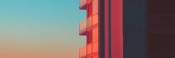 Poster - Silhouettes of geometric buildings against a vibrant sunset sky