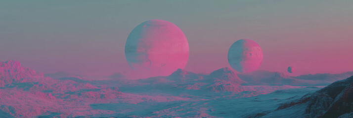 Aufkleber - Vibrant sunset with multiple moons illuminating a futuristic landscape at dusk