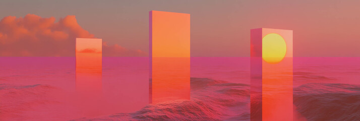 Poster - Stunning sunset with orange and pink hues over geometric landscape buildings