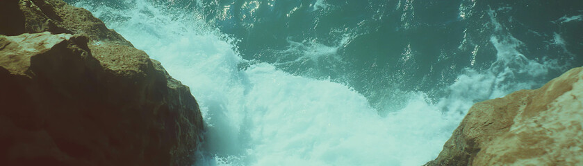 Aufkleber - Rocky outcrop extends into vibrant ocean with crashing waves under bright sky
