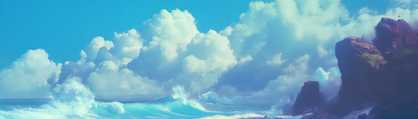 Aufkleber - Rocky outcrop meets the ocean with waves crashing under a bright sky