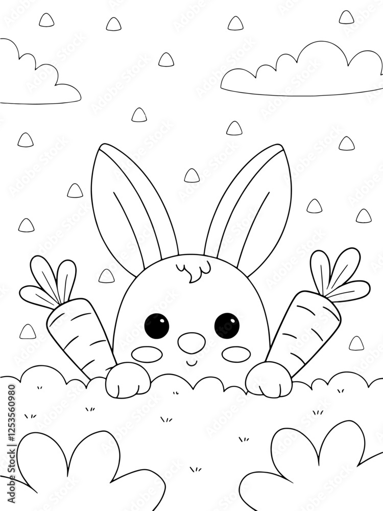 Cute cartoon bunny peeking from behind a bush, holding two carrots ...