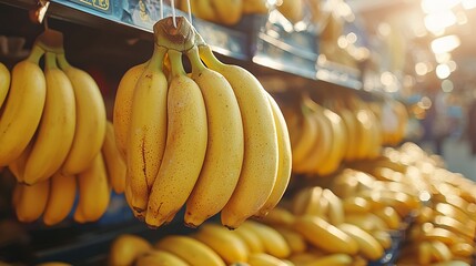 fresh ripe bananas hanging in vibrant marketplace