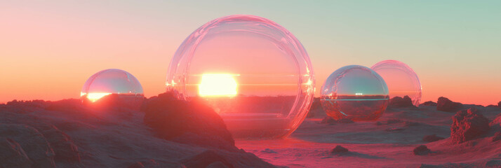 Poster - Orange sunset over futuristic gardens with glass domes creating a vibrant landscape