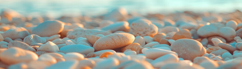 Fototapete - Blurred texture of pebbles on a beach with varying sizes and smooth tones as bright background