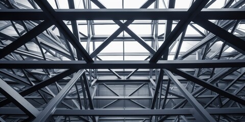 Poster - Intricate Steel Framework Underneath Modern Construction Roof Capturing Industrial Design and Architectural Detail in Urban Environment