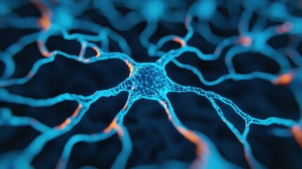 Poster - A vibrant, abstract representation of interconnected neurons, showcasing intricate patterns in blue and orange against a dark background.