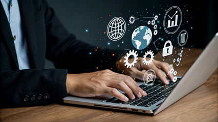 Businessperson Working on Laptop with Holographic API Concept