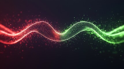 Aufkleber - A vibrant wave of red and green particles flows smoothly against a dark background, creating a visually striking and dynamic effect.