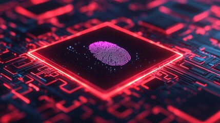 Poster - A digital fingerprint is showcased on a circuit-like background, illuminated in vibrant red hues, symbolizing technology and security.