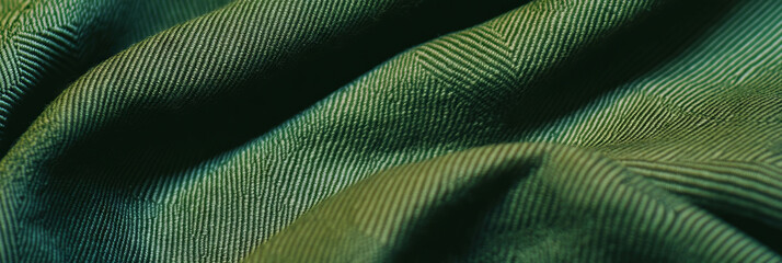 Poster - Dark olive green cotton fabric with herringbone weave and diagonal pattern on bright background