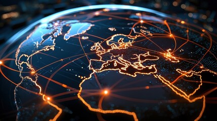 Poster - A digital rendering of Earth, highlighting Europe with illuminated lines representing global connectivity and network communication.