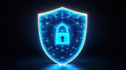 Poster - a digital shield icon with a padlock, illuminated in blue neon, symbolizes cybersecurity and data pr