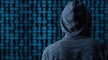 Poster - A figure in a hoodie stands before a digital backdrop of binary code, embodying themes of cybersecurity and anonymity.