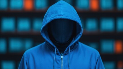 Poster - A faceless figure in a blue hoodie stands against a backdrop of glowing screens, evoking mystery and digital intrigue.