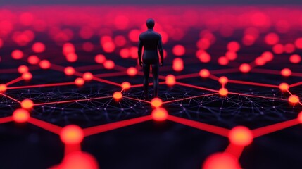 Poster - A solitary figure stands amidst a network of glowing red nodes, symbolizing connection and technology in a digital landscape.