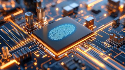 Poster - A high-tech microchip features a glowing fingerprint, symbolizing security and technology in a digital circuit environment.
