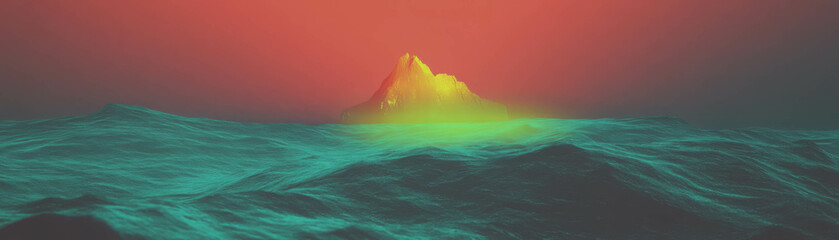 Aufkleber - Distant island illuminated by neon yellow outline against vibrant sunset horizon
