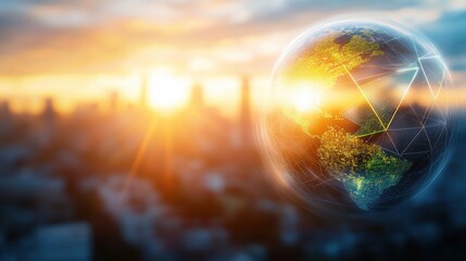 Poster - A glowing globe seen against a sunset skyline, symbolizing global connectivity and technological advancement.