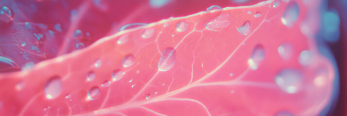 Poster - Droplets glisten on leaf surface with visible veins and vibrant background
