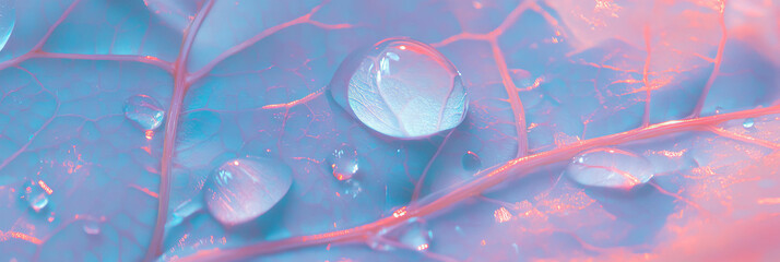 Fototapete - Droplets on a leaf reflecting background colors and textures under bright light