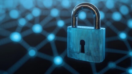 Poster - a digital padlock with a fingerprint design, set against a network of glowing nodes, symbolizes onli