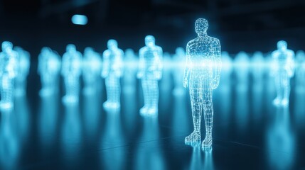 Poster - A futuristic scene featuring glowing holographic figures, emphasizing technology and digital representation of people in a virtual space.
