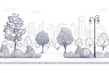 urban park sketch, trees, pathway, city skyline. illustration for design