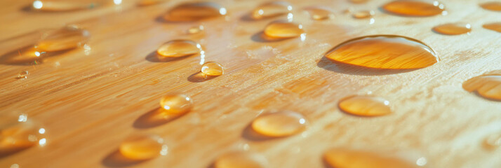 Poster - Droplets glisten on light wooden surface creating soft reflections and shadows