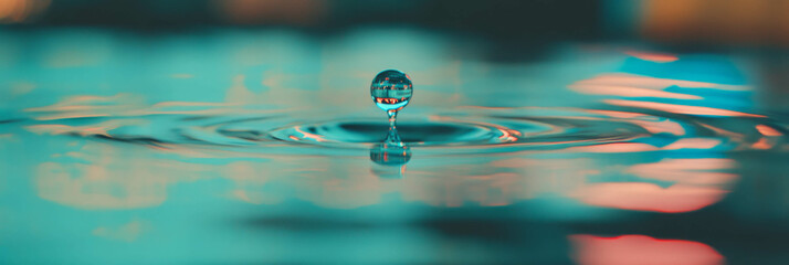 Poster - Droplets capturing reflections of a vibrant cityscape with soft bokeh highlights