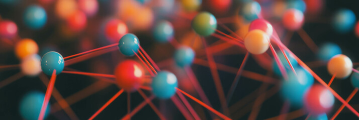 Poster - Dynamic network of colorful spheres and lines illustrating teamwork and collaboration strategy