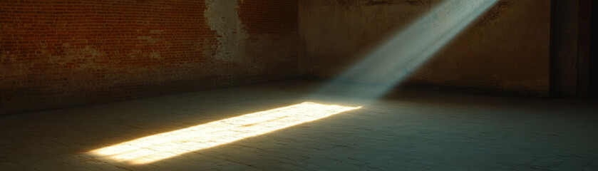 Poster - Light beam highlights corner of an empty room with brick walls and stone floor